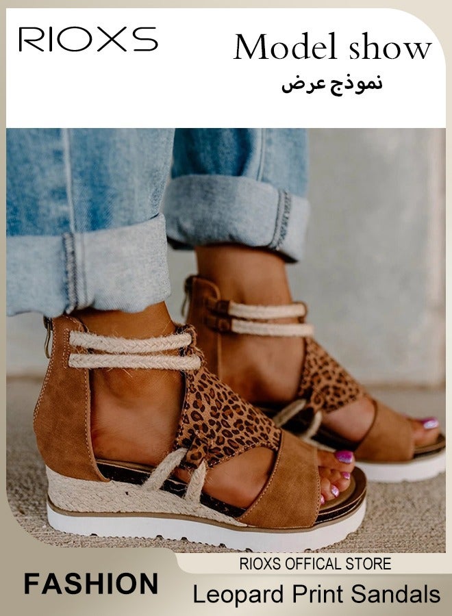 ريوكس صنادل نسائية أنيقة غير رسمية قابلة للانزلاق مع ليوبارد طباعة صنادل ناعمة مفتوحة من الإصبع مع السحاب الخلفي  - Image 3