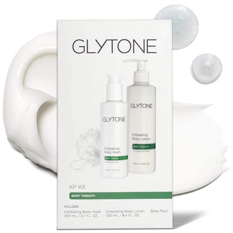 Glytone KP Kit for Keratosis Pilaris - Exfoliating Body Wash, Lotion, Shower Pouf - Smooth Rough & Bumpy Chicken Skin - Fragrance-Free, Routine Kit - Image 1