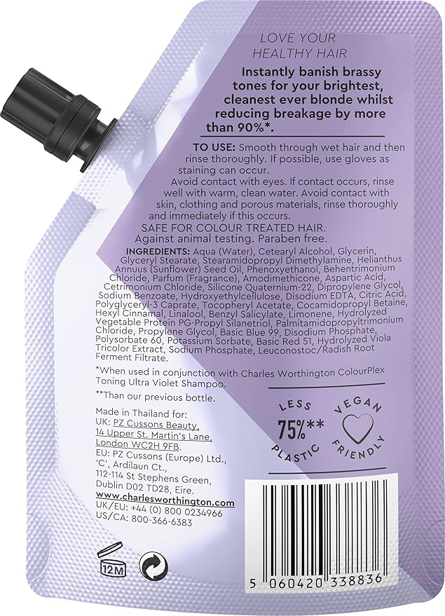 Charles Worthington ColourPlex Toning Violet Conditioner Takeway Travel Size Tone and Brighten Salon Purple Conditioner for Blondes 75ml