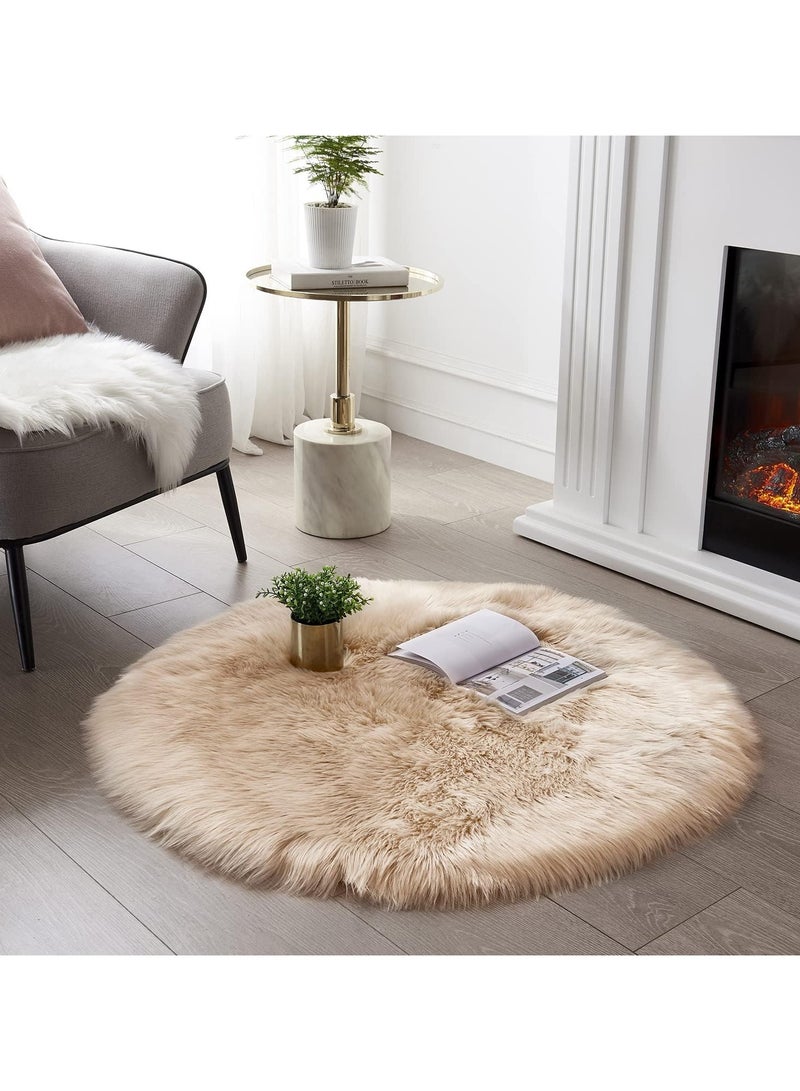 LINGWEI Soft Faux Fur Wool Area Rug Round Area Rug Shaggy Throw Rug Fluffy Living Room Carpet, Fluffy Carpets Soft Brown Round Area Rug - Image 1