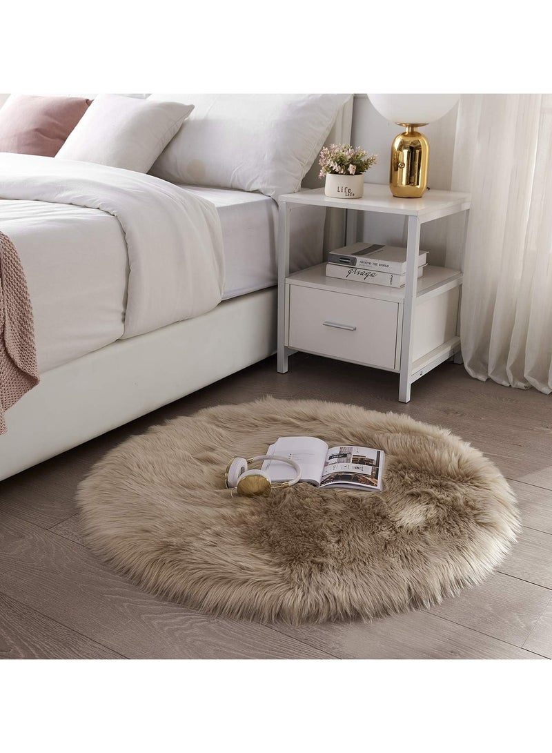 LINGWEI Soft Faux Fur Wool Area Rug Round Area Rug Shaggy Throw Rug Fluffy Living Room Carpet, Fluffy Carpets Soft Brown Round Area Rug - Image 2