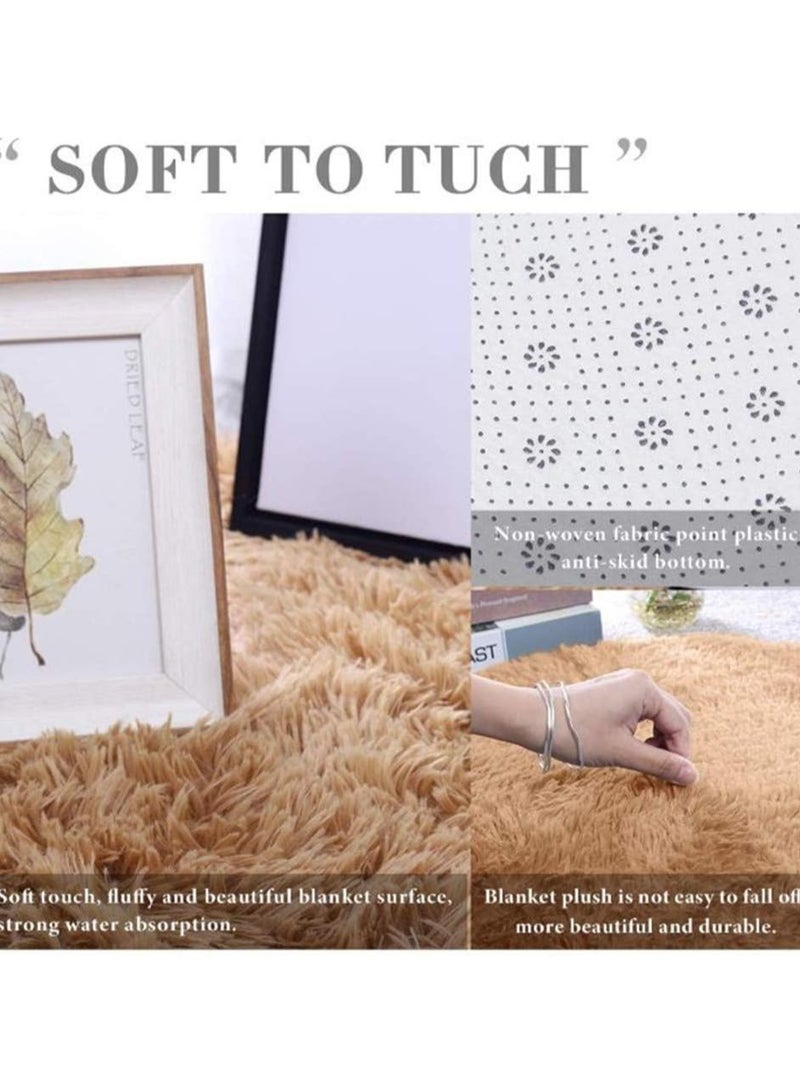 LINGWEI Soft Faux Fur Wool Area Rug Round Area Rug Shaggy Throw Rug Fluffy Living Room Carpet, Fluffy Carpets Soft Brown Round Area Rug - Image 4