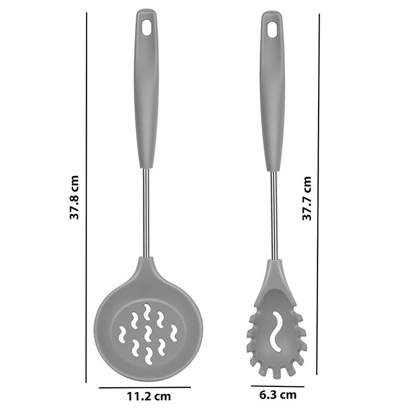 P Plus Fire Silicone Noodle Spatula Spaghetti Spoon Pasta Fork Silicone Skimmer Spoon for Frying Fry Strainer for Kitchen Pasta Strainer Silicone Spoon Set for Kitchen Set of 2 Grey - Image 2