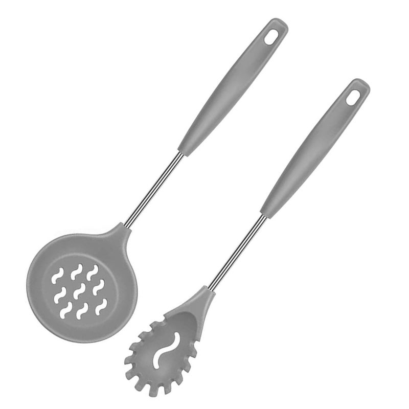 P Plus Fire Silicone Noodle Spatula Spaghetti Spoon Pasta Fork Silicone Skimmer Spoon for Frying Fry Strainer for Kitchen Pasta Strainer Silicone Spoon Set for Kitchen Set of 2 Grey - Image 1