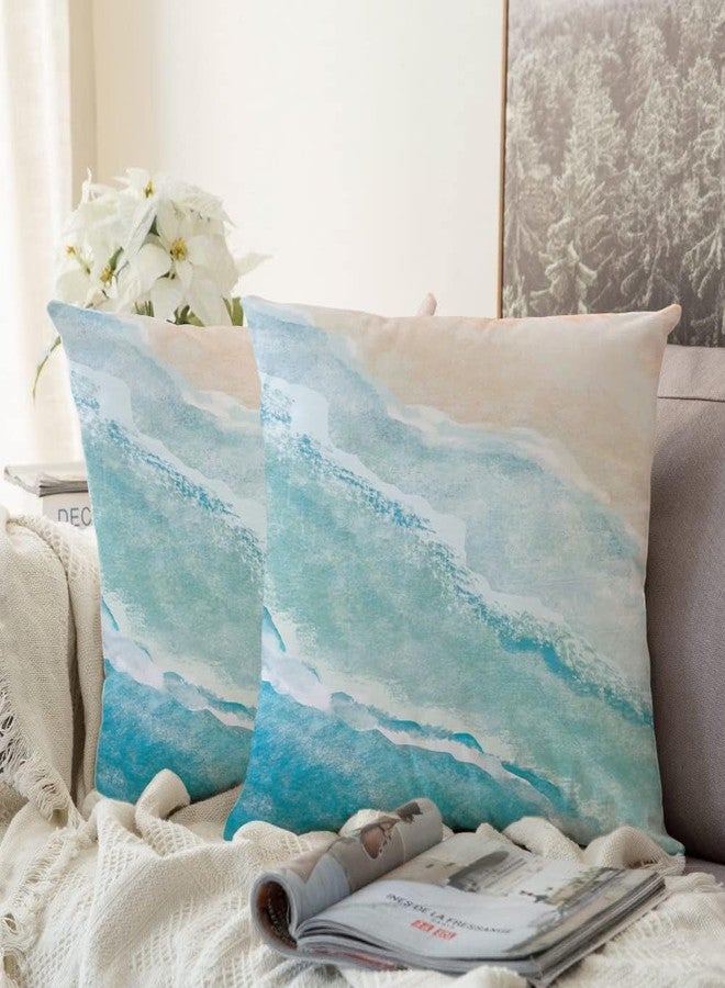 De-Mediocre Beach Watercolor Blue Pillow Covers Sea Ocean Nature Scenery Decorative Throw Pillows Pillowcase Square Cushion Case for Couch Sofa Bed Bedroom Car Living Room, 18x18 Inch, Blue - Image 3
