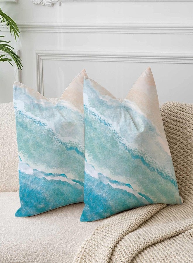 De-Mediocre Beach Watercolor Blue Pillow Covers Sea Ocean Nature Scenery Decorative Throw Pillows Pillowcase Square Cushion Case for Couch Sofa Bed Bedroom Car Living Room, 18x18 Inch, Blue - Image 2