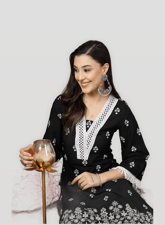 Black Ethnic Printed Rayon Straight Kurta with Palazzo and Dupatta Set
