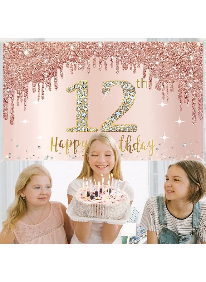 Bumqviy 12Th Birthday Banner Decorations For Girls Rose Gold Happy 12 Birthday Backdrop Party Supplies Pink 12 Year Old Birthday Sign Poster Background Photo Booth Props Decor  - Image 5