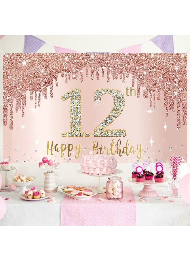 Bumqviy 12Th Birthday Banner Decorations For Girls Rose Gold Happy 12 Birthday Backdrop Party Supplies Pink 12 Year Old Birthday Sign Poster Background Photo Booth Props Decor  - Image 4