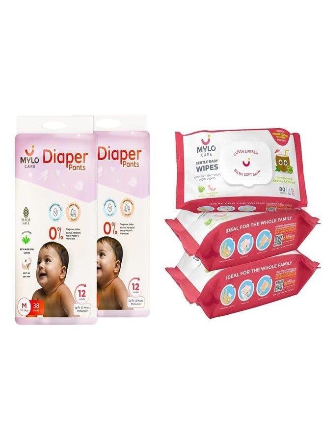 Mylo Care Disposable Diaper Pants & Baby Wipes Combo|Organic Coconut Oil & Neem|12 Hours Leak Protection|Chemical Free|Baby Essentials (Diaper (M)-76 Count, Wipes with lid Pack of 3 - Image 1