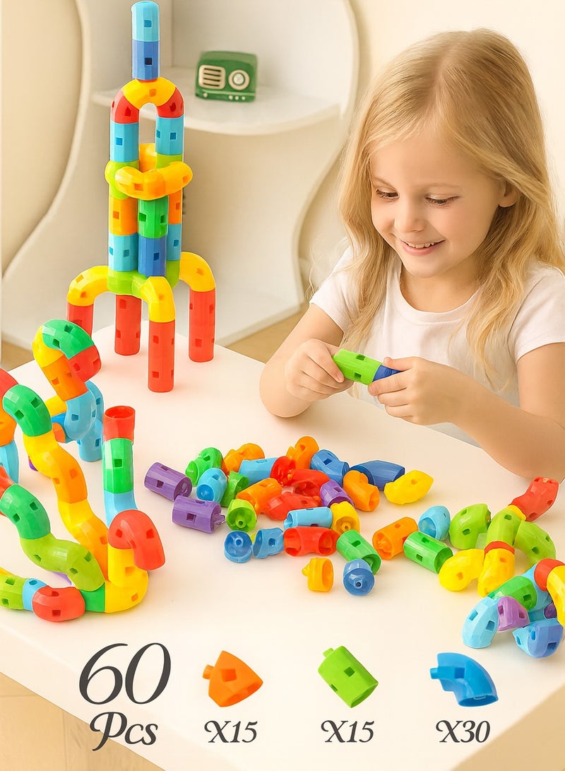 STEM Building Blocks Set with Storage Box (60Pcs),  Learning Toy Tubular Pipes Shape, Build Bicycle, Tank, Scootie, Moter Skills Endless Designs Educational Building Blocks Set for Kid Ages 3+ Multicolor - Image 1