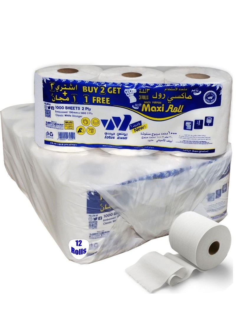 Lotus Alwadi 12 Rolls, 1000 Sheets each, 2 Ply, Multi-Purpose Embossed Maxi Roll, 190 meters, Pure white - lotus Alwadi - Image 1