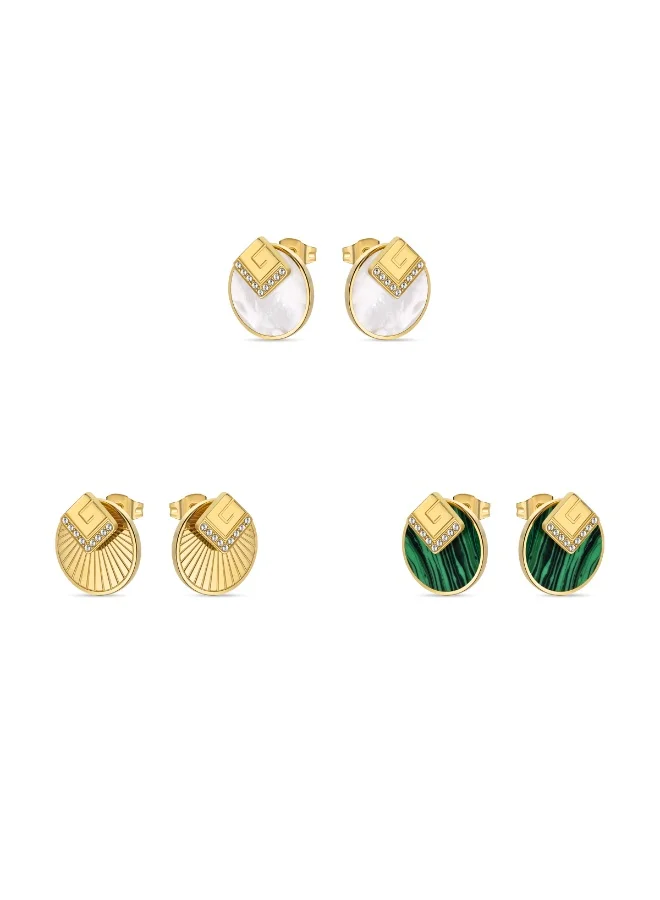 Guy Laroche Anne Womens Gold Plated Interchangeable Earrings With Mother of Pearl & Crystal Sun Motif