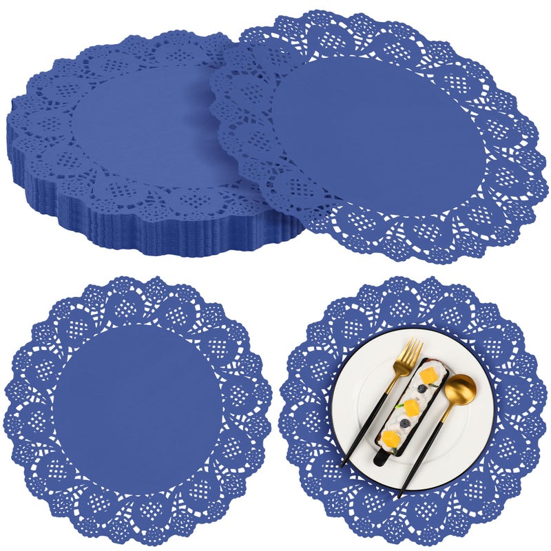 MCEAST 100 Pack Round Blue Paper Doilies 13.5 Inches Lace Place Mats Rustic Scallop Doily Disposable Paper Table Pads for Food Cakes Crafts Party Weddings Tableware Decor - Image 1