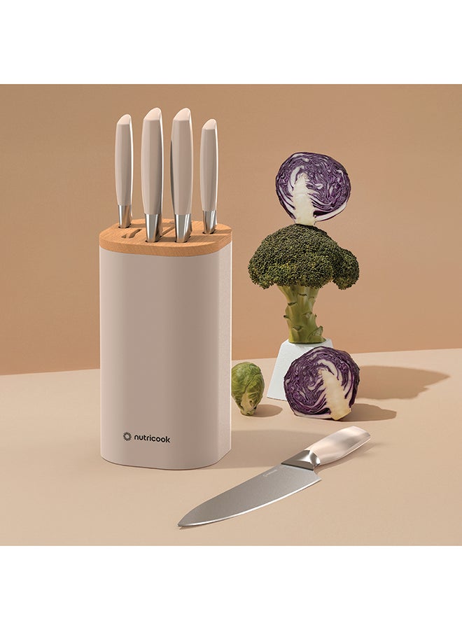 nutricook 6-Piece Premium Knife Set with Cleaver – Stainless Steel Kitchen Knives + Built-in Sharpener – Ergonomic Handles for Chopping, Slicing, Dicing – NC-KB150BG (Beige)  - Image 3