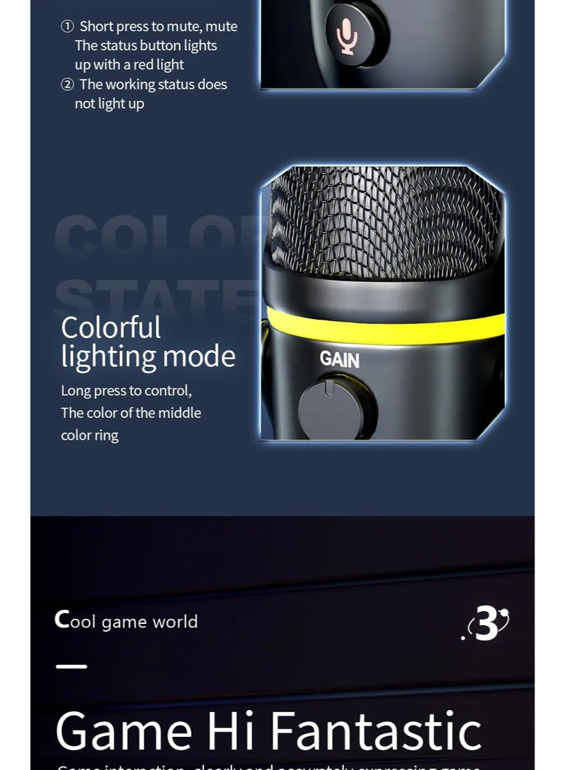 ميكروفون ألعاب USB صغير الحجم ZFSZ ME5 مزود بحلقة إضاءة RGB ومقبض للتحكم في مستوى الصوت وحامل معدني ثابت، مخصص لأجهزة الكمبيوتر الشخصية وأجهزة Mac وPS5 والبث المباشر والاجتماعات عبر الإنترنت - أسود - Image 3