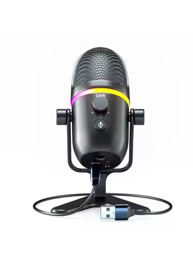 ميكروفون ألعاب USB صغير الحجم ZFSZ ME5 مزود بحلقة إضاءة RGB ومقبض للتحكم في مستوى الصوت وحامل معدني ثابت، مخصص لأجهزة الكمبيوتر الشخصية وأجهزة Mac وPS5 والبث المباشر والاجتماعات عبر الإنترنت - أسود - Image 1