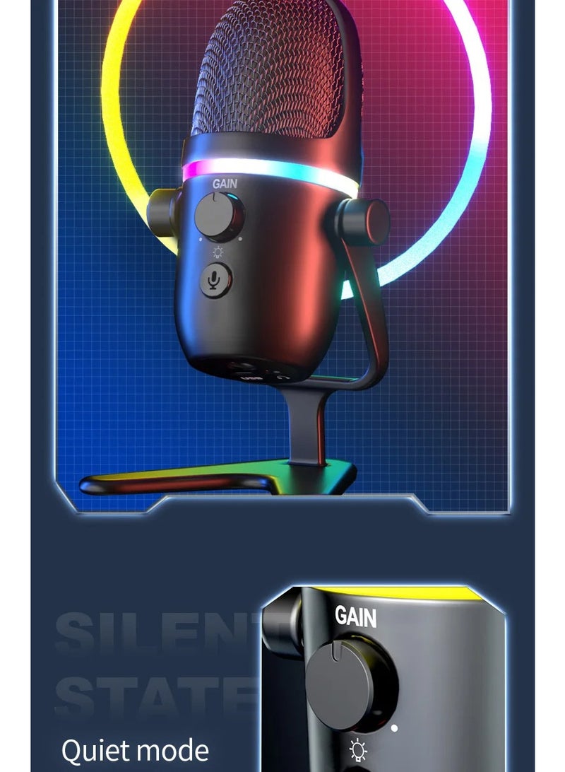 ميكروفون ألعاب USB صغير الحجم ZFSZ ME5 مزود بحلقة إضاءة RGB ومقبض للتحكم في مستوى الصوت وحامل معدني ثابت، مخصص لأجهزة الكمبيوتر الشخصية وأجهزة Mac وPS5 والبث المباشر والاجتماعات عبر الإنترنت - أسود - Image 2