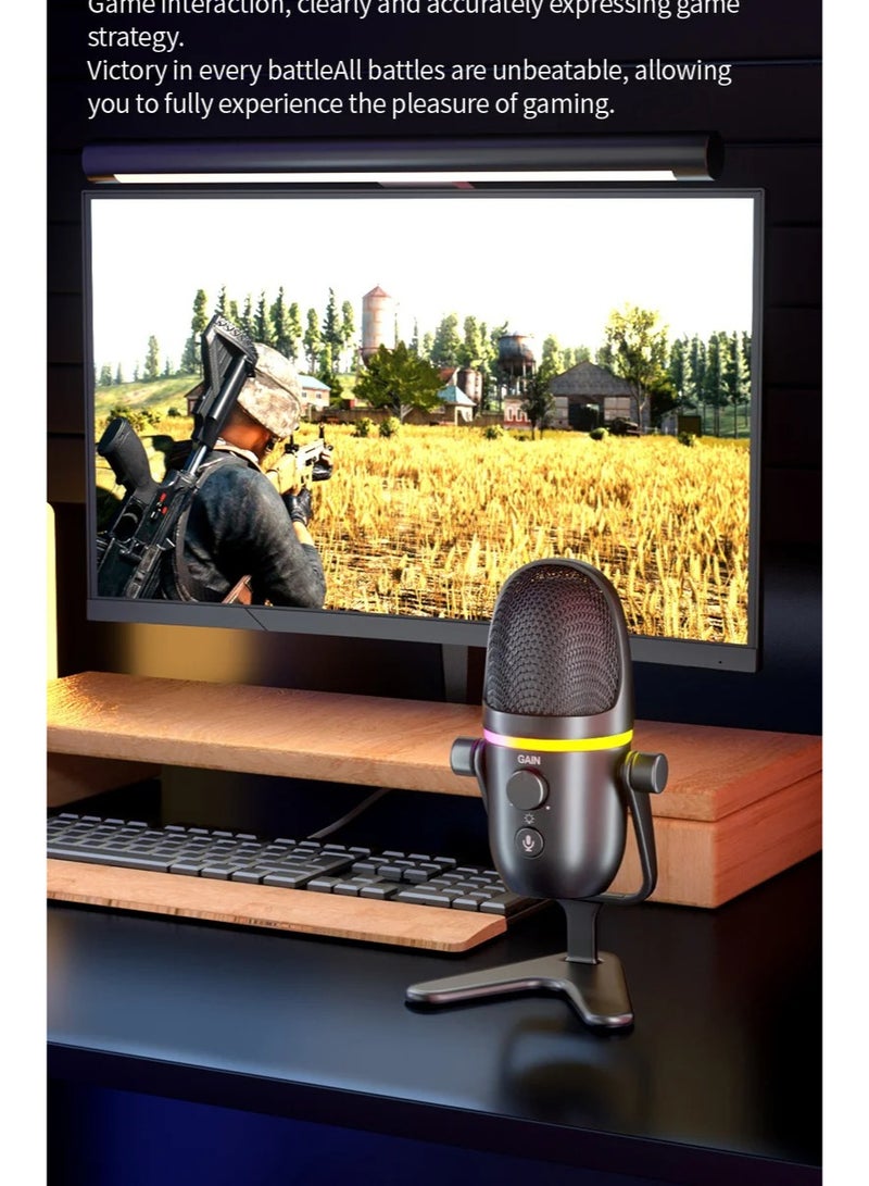 ميكروفون ألعاب USB صغير الحجم ZFSZ ME5 مزود بحلقة إضاءة RGB ومقبض للتحكم في مستوى الصوت وحامل معدني ثابت، مخصص لأجهزة الكمبيوتر الشخصية وأجهزة Mac وPS5 والبث المباشر والاجتماعات عبر الإنترنت - أسود - Image 4