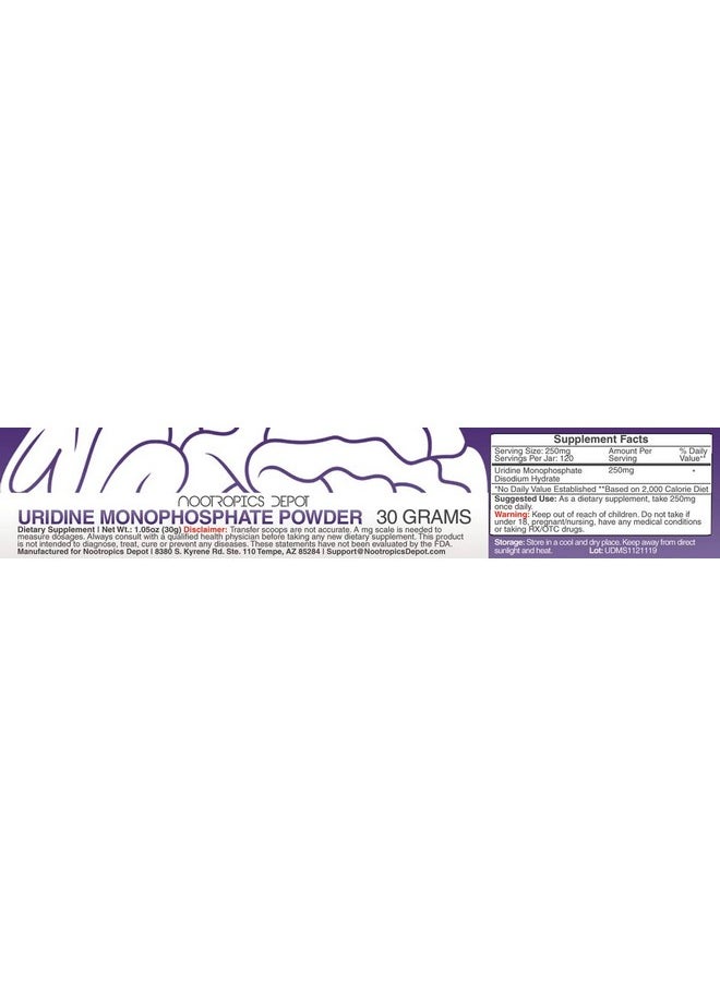 Nootropics Depot - Uridine Monophosphate Powder ; 30 Grams ; Disodium Salt ; Supports Healthy Cognitive Function ; Supports Healthy Mitochondrial Function - Image 1