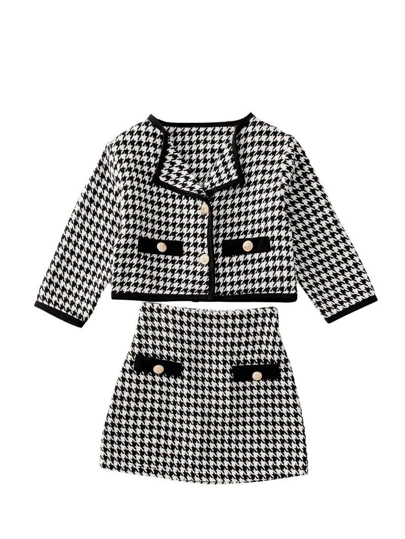 WDIRARA Girl's 2 Piece Houndstooth Outfits Tweed Jacket and Skirt Set Tea Party Suits - Image 1