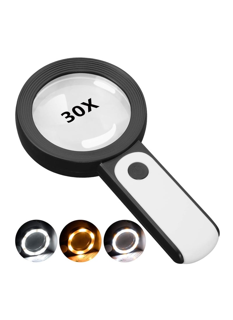 Generic - Magnifying Glass with Light, 30X Handheld Large 18LED Cold and Warm Light with 3 Modes, Illuminated Magnifier for Seniors Reading, Inspection, Coins, Jewelry, Exploring - Image 1