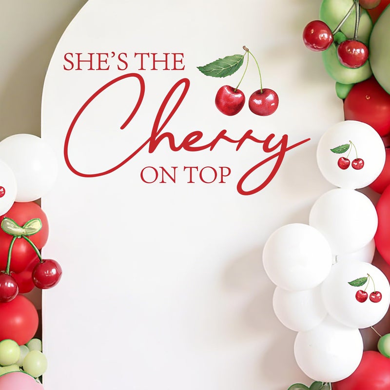 Dvehdbay She’s The Cherry On Top Baby Shower Decorations - She’s The Cherry On Top Decal for Balloons Arch Backdrop, Red First Birthday Sweet Girl Birthday Party Decor, 1st Party Supplies Banner for Girls - Image 1