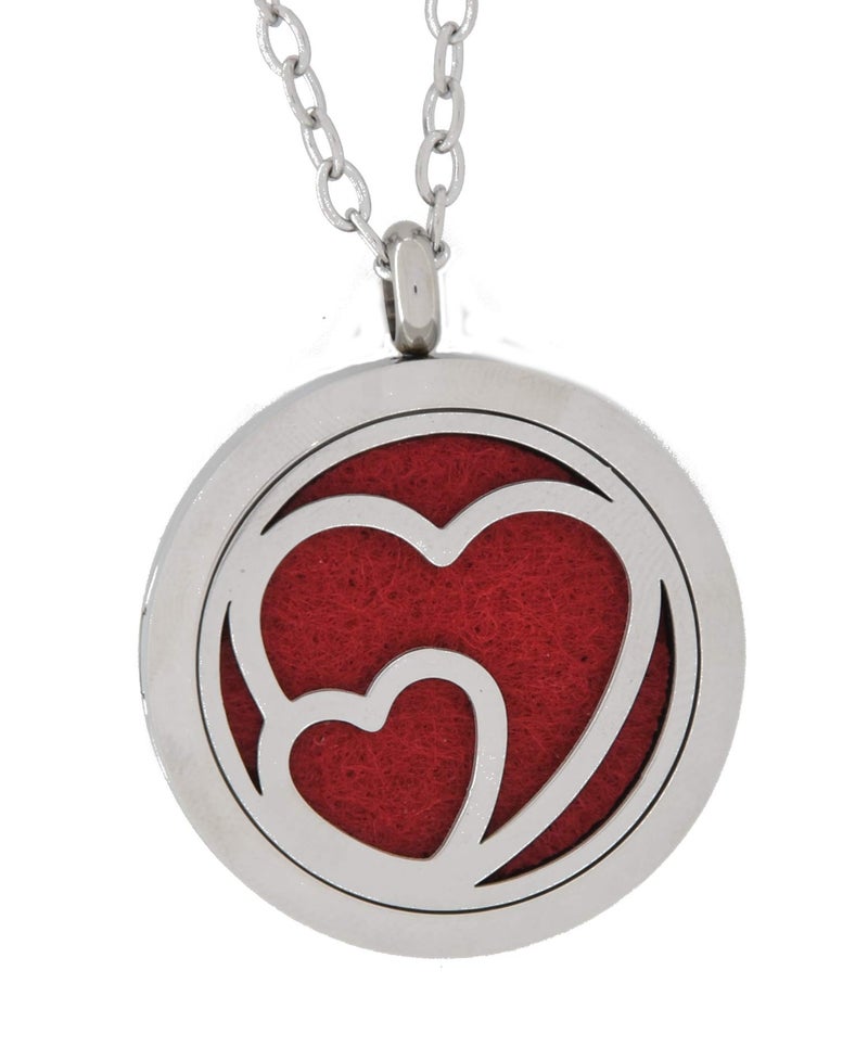 Simply Essential Solutions Aromatherapy Essential Oil Diffuser Stainless Steel 30MM Silver Magnetic Locket Pendant 2 Sizes Chain Necklace, Refill Pads & Diffuser Bracelet in a Velvet Bag (Double Heart) - Image 1