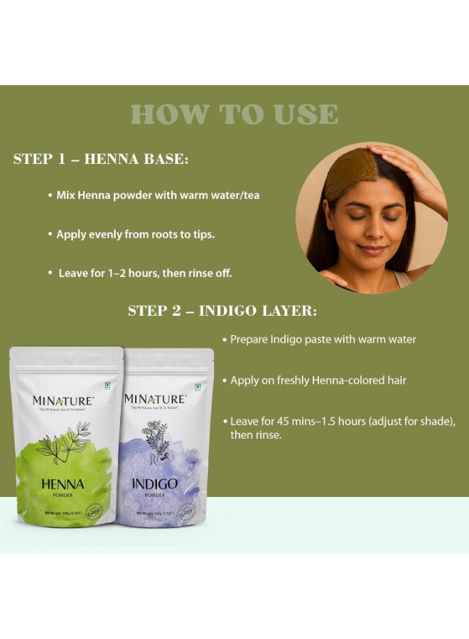 Mi Nature Hair Dye DIY Combo | Henna & Indigo Powder with Applicator |From Pure Dried Leaves| Sourced from Rajasthan for Black or Brown Colour |100G (EACH)(Pack of 2) - Image 4