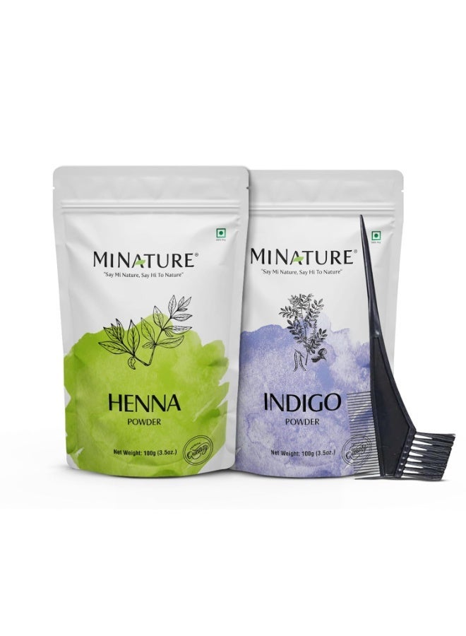 Mi Nature Hair Dye DIY Combo | Henna & Indigo Powder with Applicator |From Pure Dried Leaves| Sourced from Rajasthan for Black or Brown Colour |100G (EACH)(Pack of 2) - Image 1