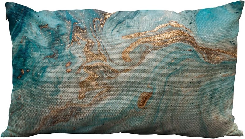 Marble Texture Throw Pillow Covers Eastern TechniqueContemporary Art Golden and Turquoise Mixed Acrylic Paints Linen Fabric for Bed Sofa Car Waist Cushion Cover 12 x 20 inch Pillow Case