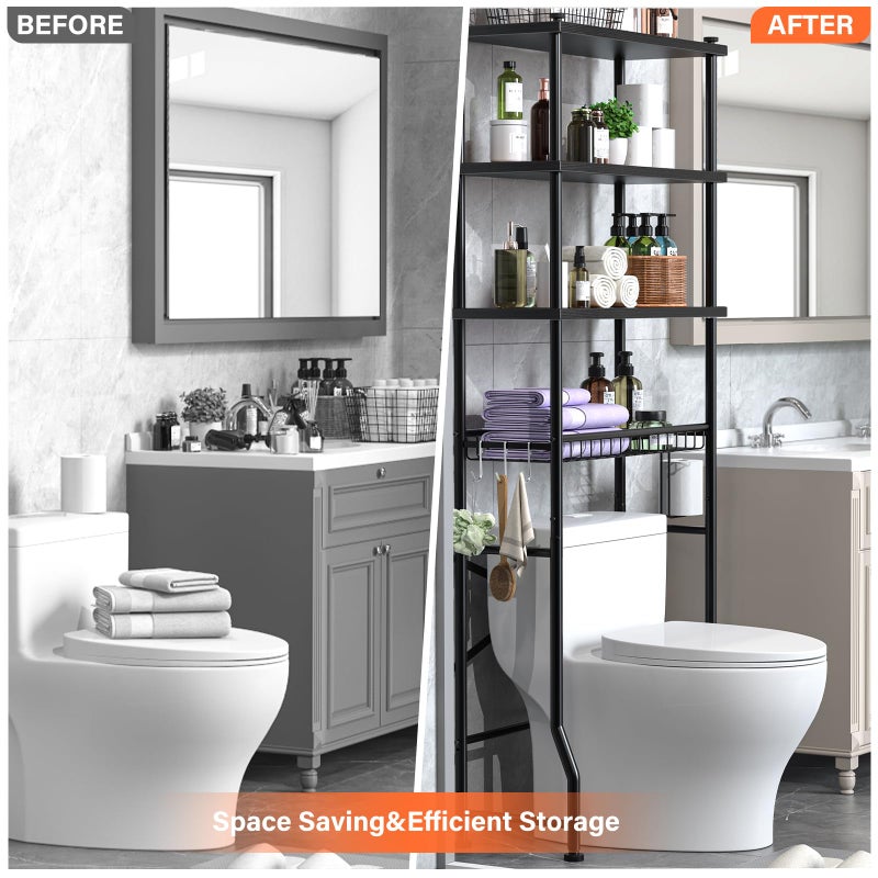 Dataroad Selead 4-Tier Over-The-Toilet Storage Rack, Bathroom Organizer Shelf Over Toilet With Shelf Waterproof Feet Pad And Basket, Multifunctional Space Saver Bathroom Shelves Above Toilet for Room (Black) - Image 5