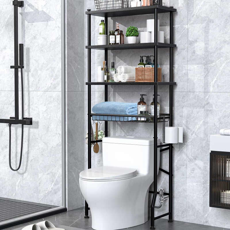 Dataroad Selead 4-Tier Over-The-Toilet Storage Rack, Bathroom Organizer Shelf Over Toilet With Shelf Waterproof Feet Pad And Basket, Multifunctional Space Saver Bathroom Shelves Above Toilet for Room (Black) - Image 1