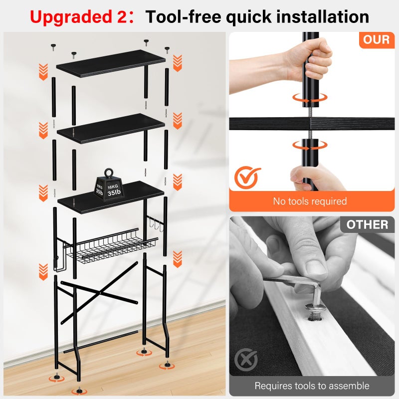 Dataroad Selead 4-Tier Over-The-Toilet Storage Rack, Bathroom Organizer Shelf Over Toilet With Shelf Waterproof Feet Pad And Basket, Multifunctional Space Saver Bathroom Shelves Above Toilet for Room (Black) - Image 3