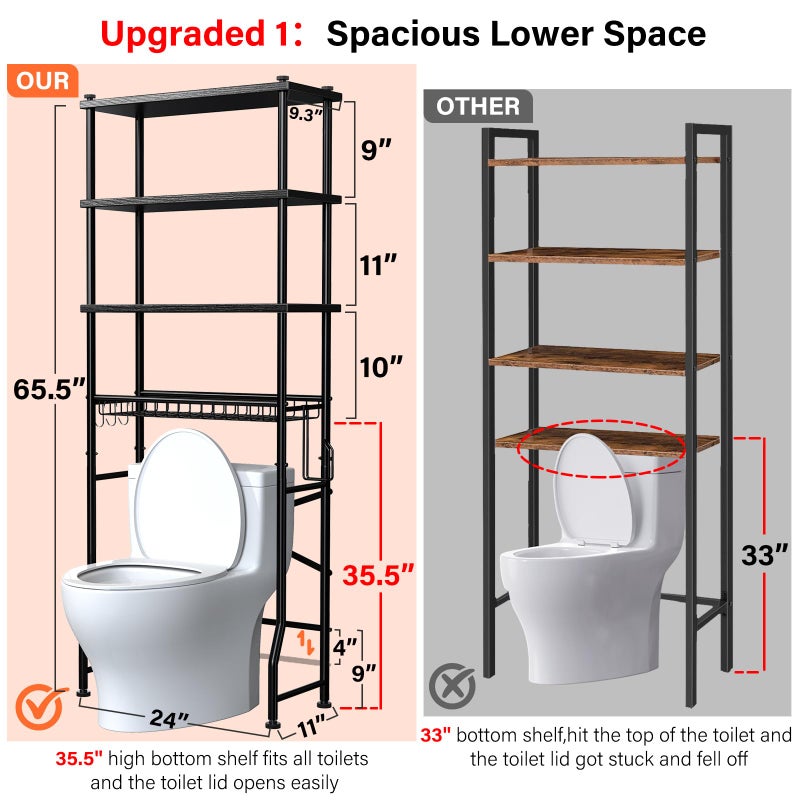 Dataroad Selead 4-Tier Over-The-Toilet Storage Rack, Bathroom Organizer Shelf Over Toilet With Shelf Waterproof Feet Pad And Basket, Multifunctional Space Saver Bathroom Shelves Above Toilet for Room (Black) - Image 2