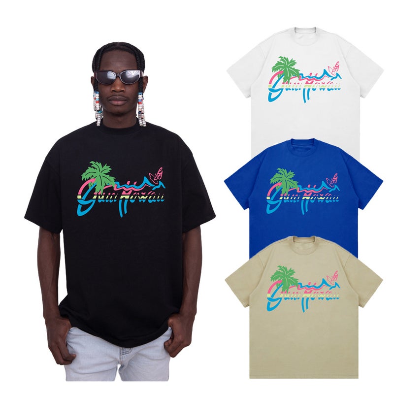 American-Style Heavy Opaque 260G Small Neckline Gradient Coconut Tree Printed T-Shirt Hip Hop Fashion Brand Cotton Loose Short Sleeve - Image 2