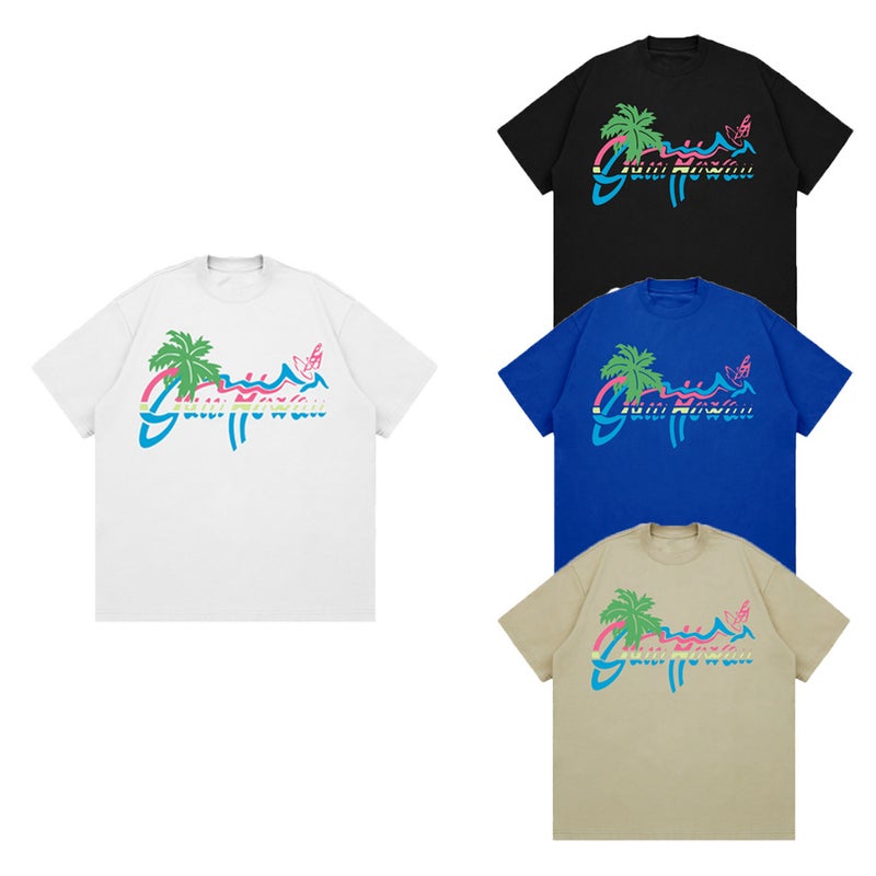 American-Style Heavy Opaque 260G Small Neckline Gradient Coconut Tree Printed T-Shirt Hip Hop Fashion Brand Cotton Loose Short Sleeve - Image 3
