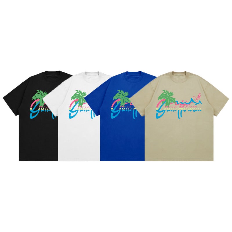 American-Style Heavy Opaque 260G Small Neckline Gradient Coconut Tree Printed T-Shirt Hip Hop Fashion Brand Cotton Loose Short Sleeve - Image 4