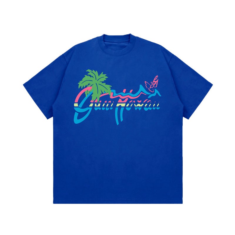American-Style Heavy Opaque 260G Small Neckline Gradient Coconut Tree Printed T-Shirt Hip Hop Fashion Brand Cotton Loose Short Sleeve - Image 1