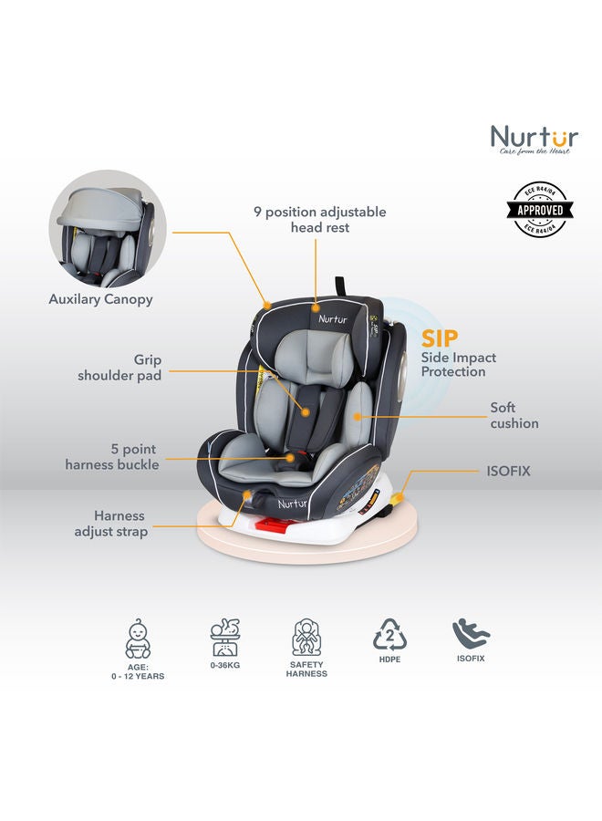 Nurtur Ultra Baby Kids 4in1 Car Seat 360 Rotation ISOFIX 9Level Adjustable Headrest and Canopy 0 months to 12 years Upto 36kg Official Product - Image 2