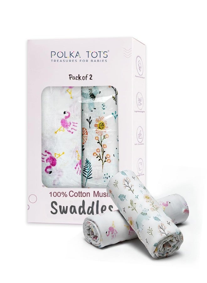 POLKA TOTS 100% Cotton Premium Malmal Swaddle | Muslin Baby Wrap for New Born Babies | Receiving Swaddles | Soft & Breathable Muslin Clothes for Baby Swaddling (Flamingo & Bear Print, Pack of 2) - Image 1