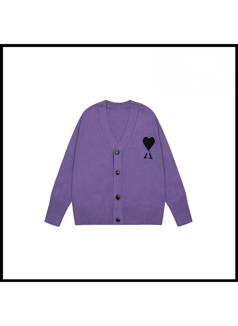 Generic - Trendy Brand Love Knit Cardigan Oversized V-Neck Sweater Purple [2105v collar cardigan style] - Image 1