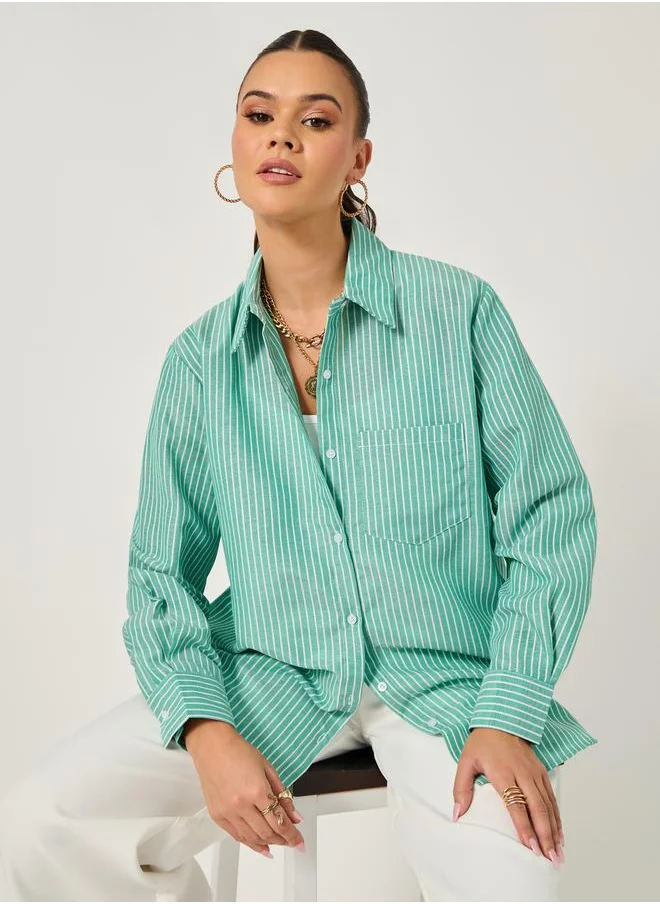 Styli Oversized Striped Long Sleeve Shirt with Pocket