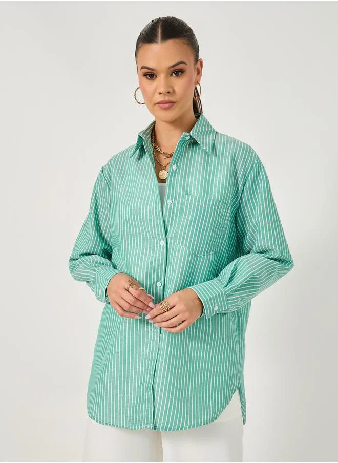 ستايلي Oversized Striped Long Sleeve Shirt with Pocket