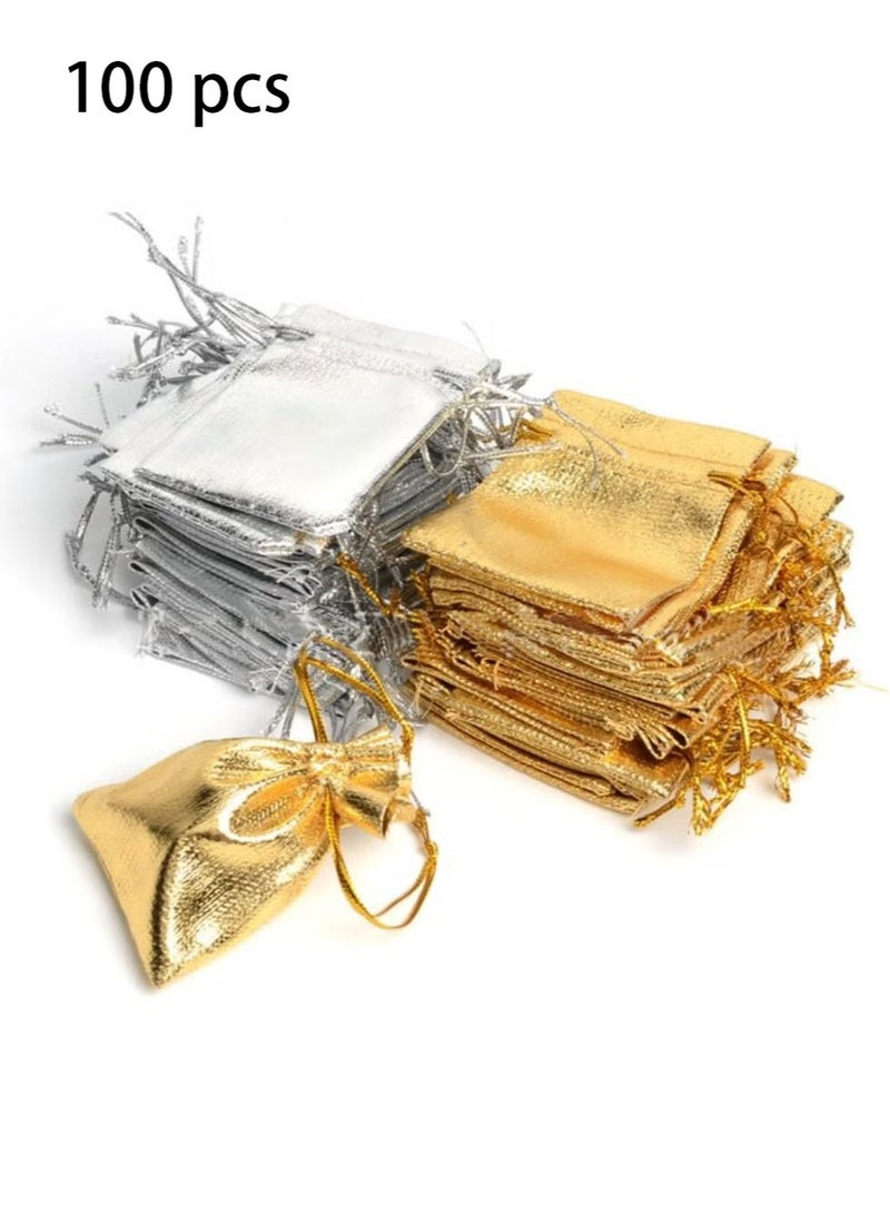 OMEVE 100 PCS 3X4 inches Drawstring Satin Bags Mixed Gold Silver Jewelry Wedding Party Marbles Coins Pouches Bag (100 pcs Mix Gold Silver) - Image 1