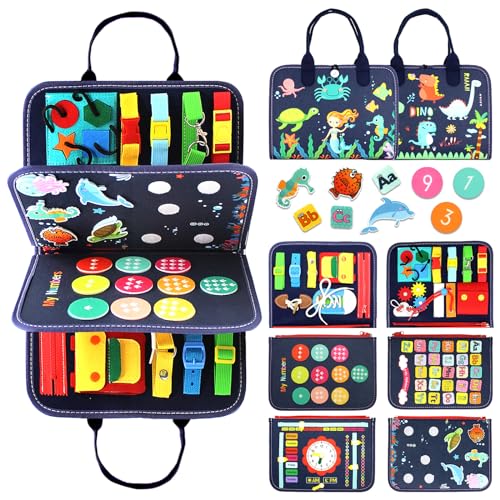 Qizfun Montessori Busy Board Busy Book for Toddlers Sensory Learning Toy That Keeps Kids Busy Travel Toy for Airplane Car Screen for Boys Girls BlueP4 - Image 1