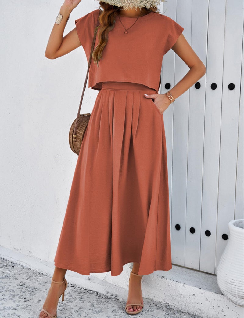 HangNiFang Summer Skirt Sets Women 2 Piece Outfits Cap Sleeve Top Elastic Waist Maxi Dress Sets with Pockets(1218-Rust-S) - Image 2