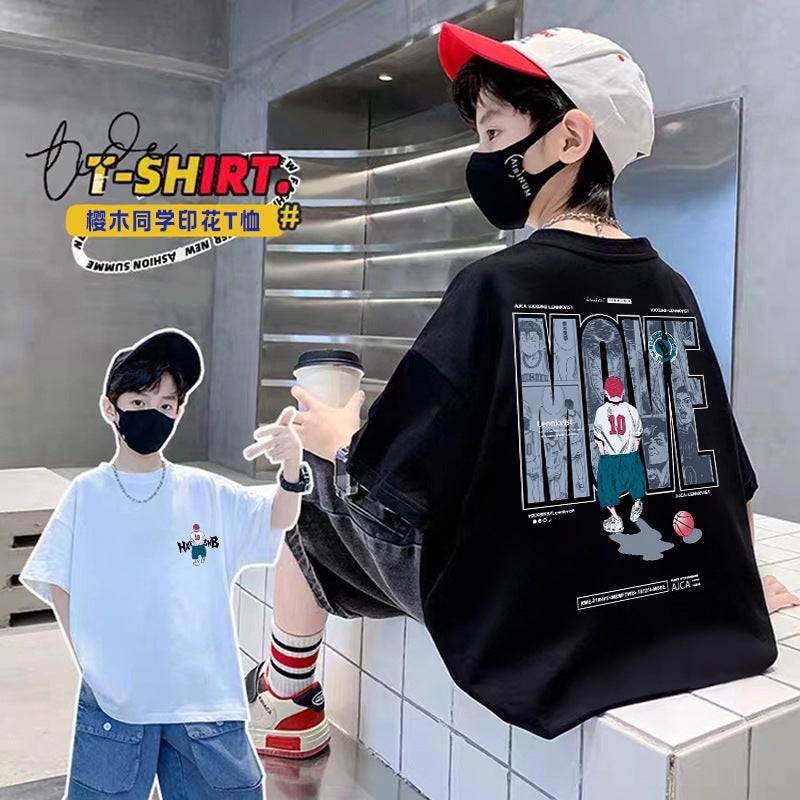 Cotton Children'S Boys Summer All-Match 2023 New Fashion Brand Sakuragi Classmate Printed Casual Loose Short-Sleeved T-Shirt - Image 2