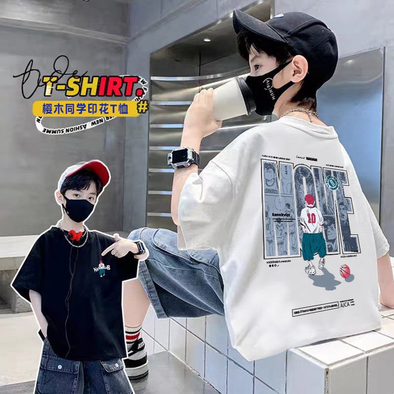 Cotton Children'S Boys Summer All-Match 2023 New Fashion Brand Sakuragi Classmate Printed Casual Loose Short-Sleeved T-Shirt - Image 3