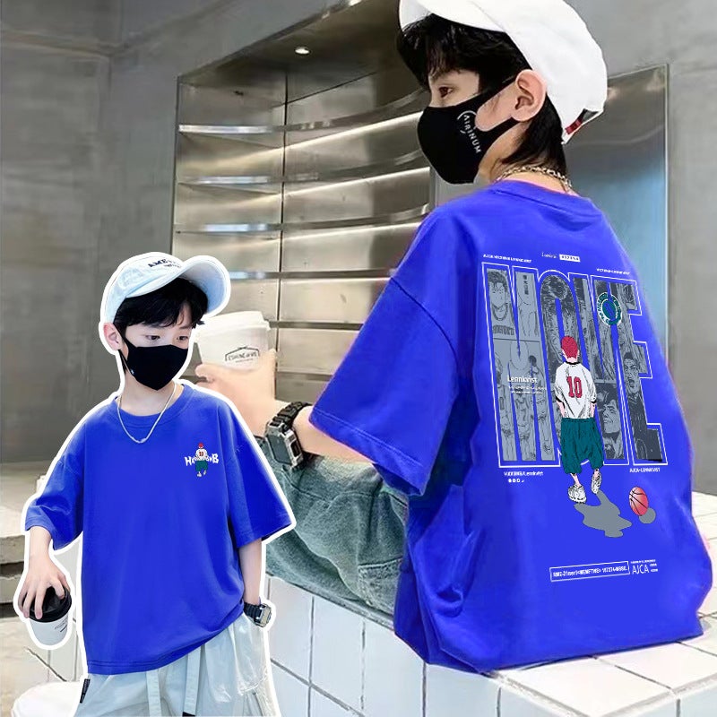 Cotton Children'S Boys Summer All-Match 2023 New Fashion Brand Sakuragi Classmate Printed Casual Loose Short-Sleeved T-Shirt - Image 4